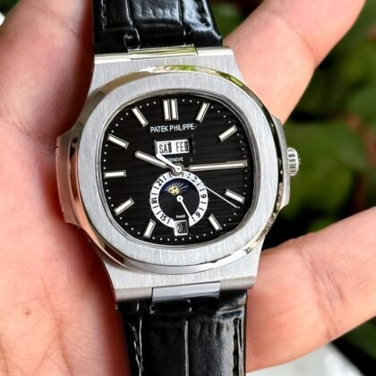 Patek Philippe Nautilus Black-Silver Dial Matt Dark Black Leather Men's Watch