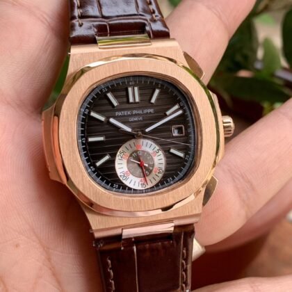 Patek Philippe Nautilus Black-Brown Dial Rose Gold Case Matt Dark Brown Leather Men's Watch